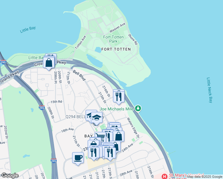 map of restaurants, bars, coffee shops, grocery stores, and more near 1568 Waters Edge Drive in Queens