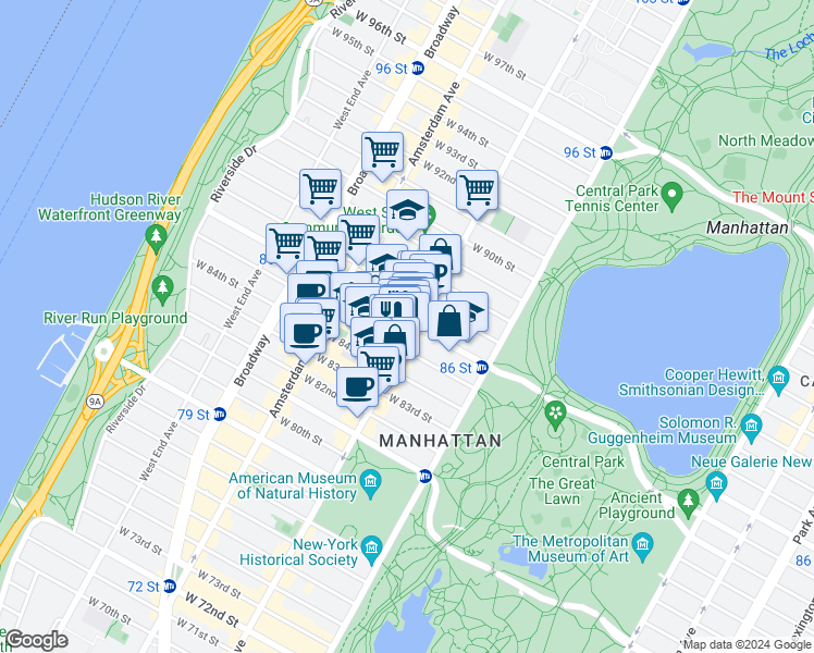 map of restaurants, bars, coffee shops, grocery stores, and more near 102 West 86th Street in New York