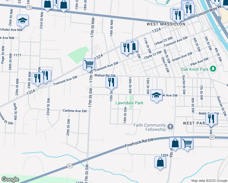 map of restaurants, bars, coffee shops, grocery stores, and more near 814 15th Street Southwest in Massillon