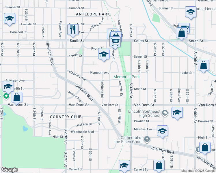 map of restaurants, bars, coffee shops, grocery stores, and more near 2621 Winthrop Road in Lincoln