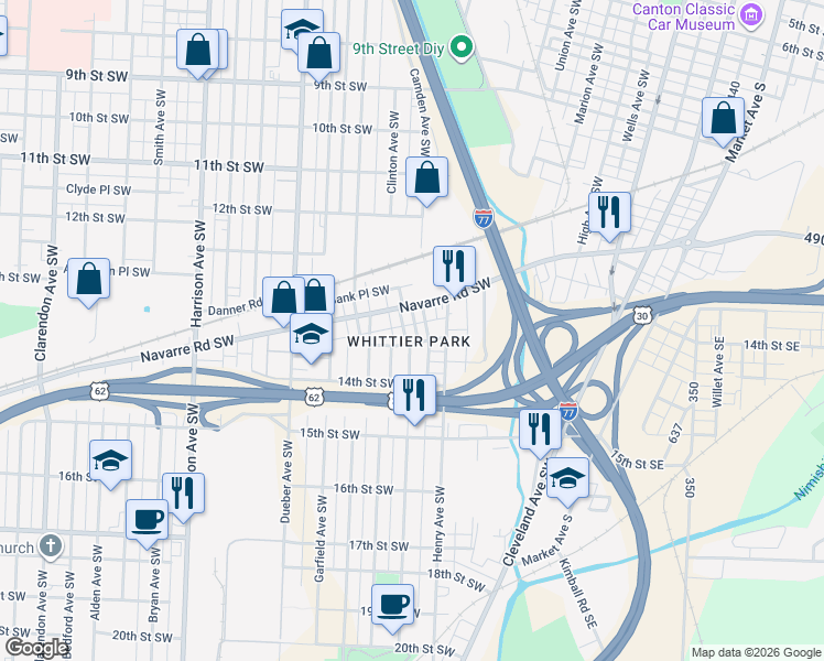 map of restaurants, bars, coffee shops, grocery stores, and more near 1339 Race Court Southwest in Canton