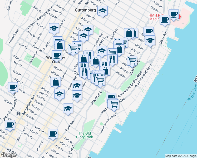 map of restaurants, bars, coffee shops, grocery stores, and more near 6035 Park Avenue in West New York