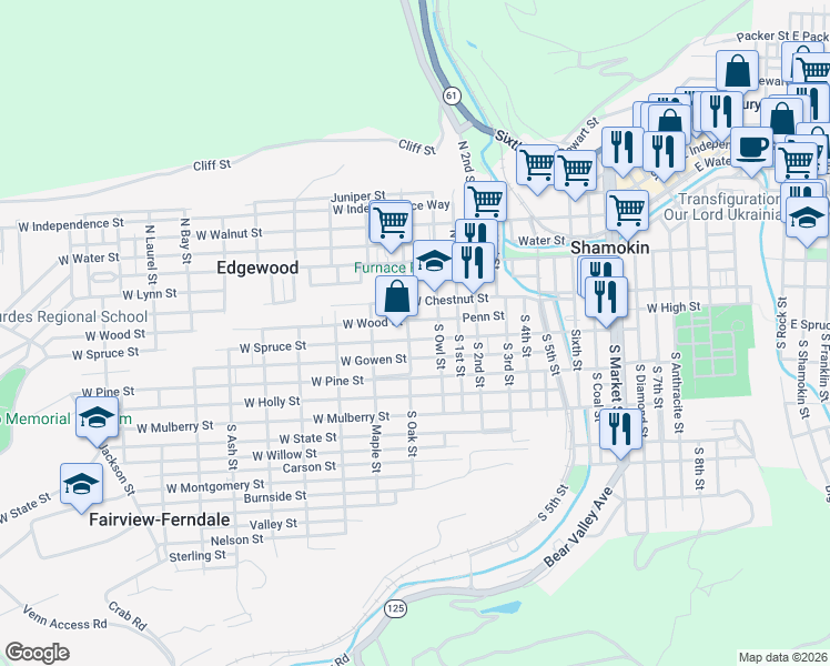 map of restaurants, bars, coffee shops, grocery stores, and more near 825-867 W Spruce St in Fairview-Ferndale