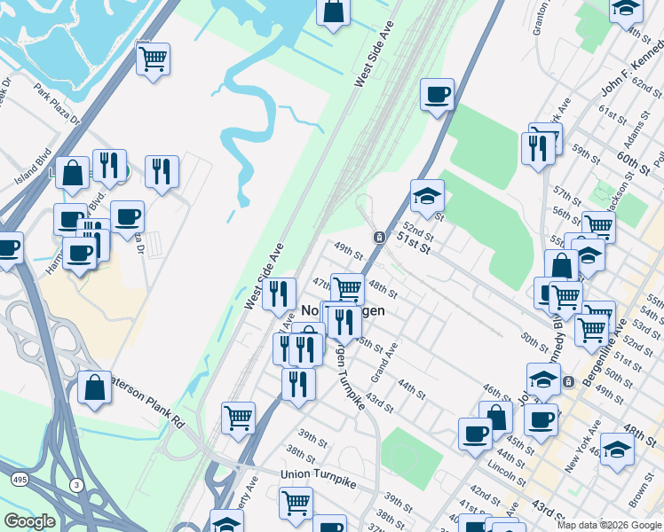 map of restaurants, bars, coffee shops, grocery stores, and more near 2115 48th Street in North Bergen