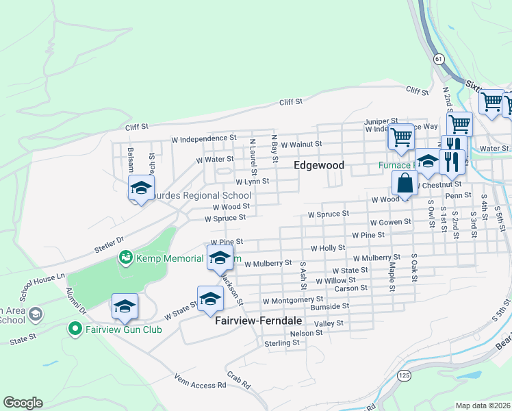 map of restaurants, bars, coffee shops, grocery stores, and more near 1601 West Wood Street in Edgewood