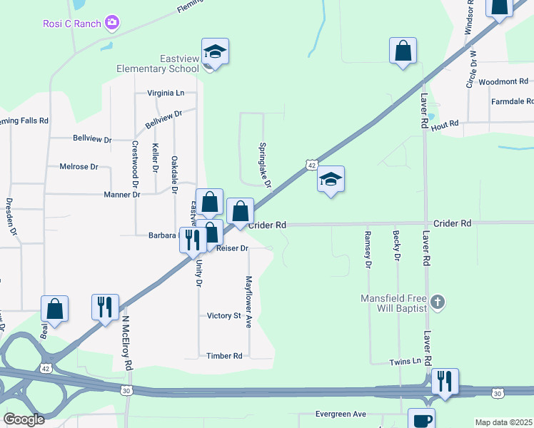 map of restaurants, bars, coffee shops, grocery stores, and more near 566 U.S. 42 in Mansfield