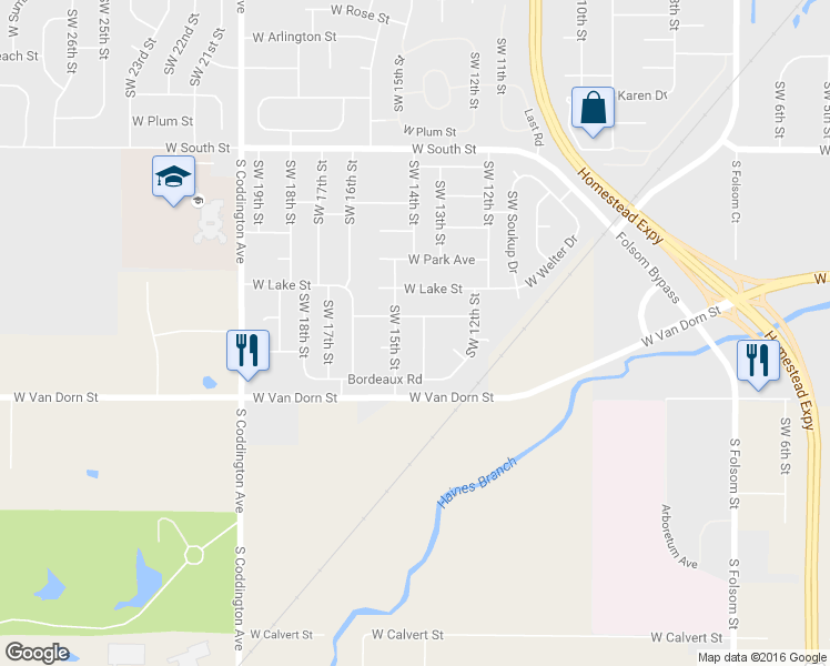 map of restaurants, bars, coffee shops, grocery stores, and more near 2605 Southwest 14th Street in Lincoln