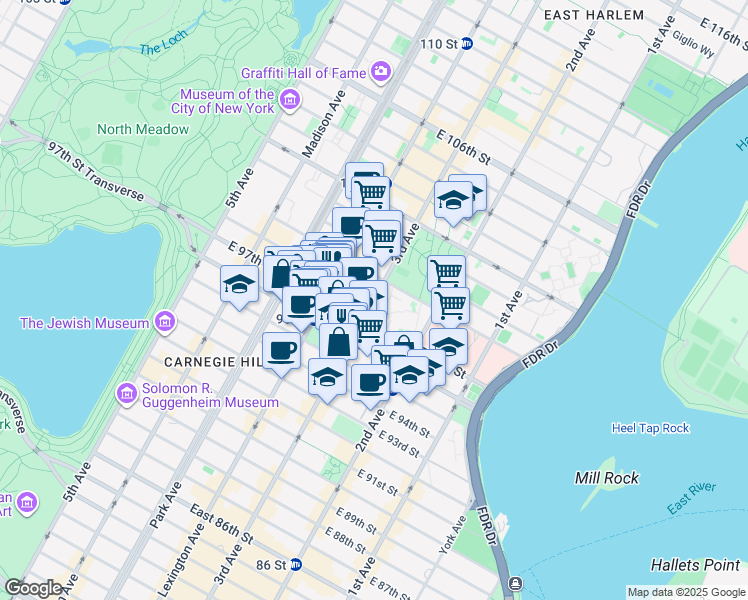 map of restaurants, bars, coffee shops, grocery stores, and more near 243 East 98th Street in New York