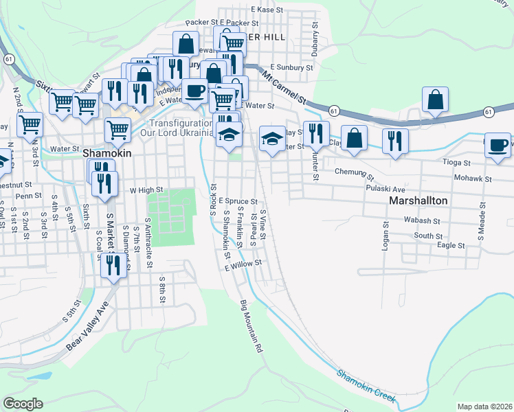 map of restaurants, bars, coffee shops, grocery stores, and more near 109 South Pearl Street in Shamokin