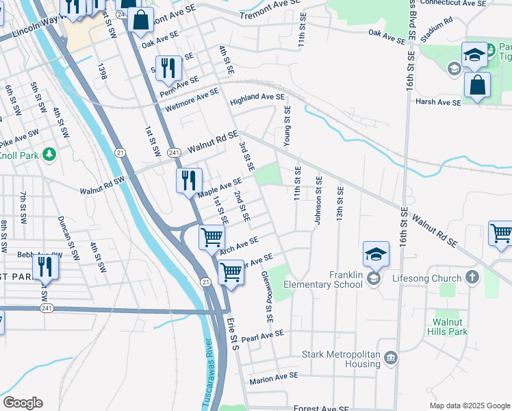 map of restaurants, bars, coffee shops, grocery stores, and more near 223 Edwin Avenue Southeast in Massillon