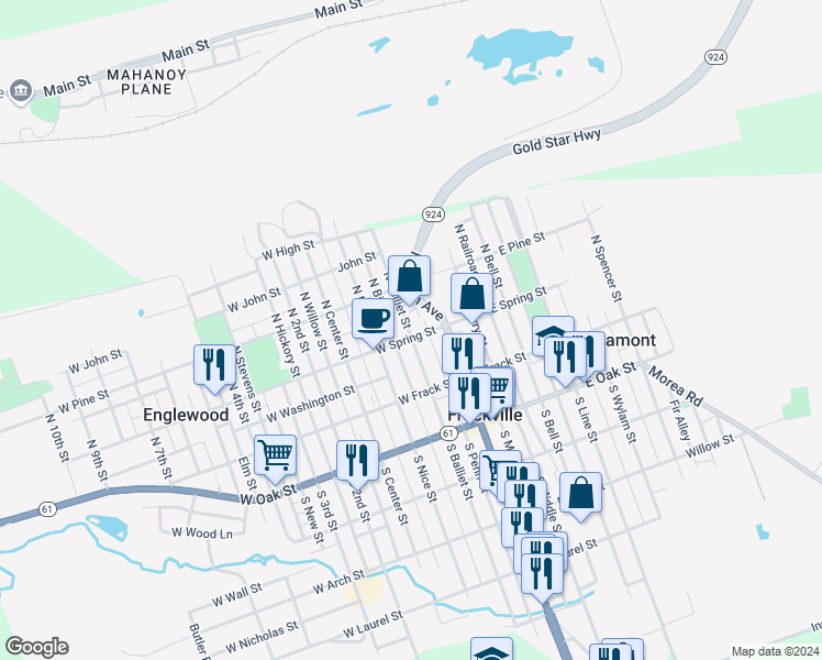 map of restaurants, bars, coffee shops, grocery stores, and more near 109 North Balliet Street in Frackville