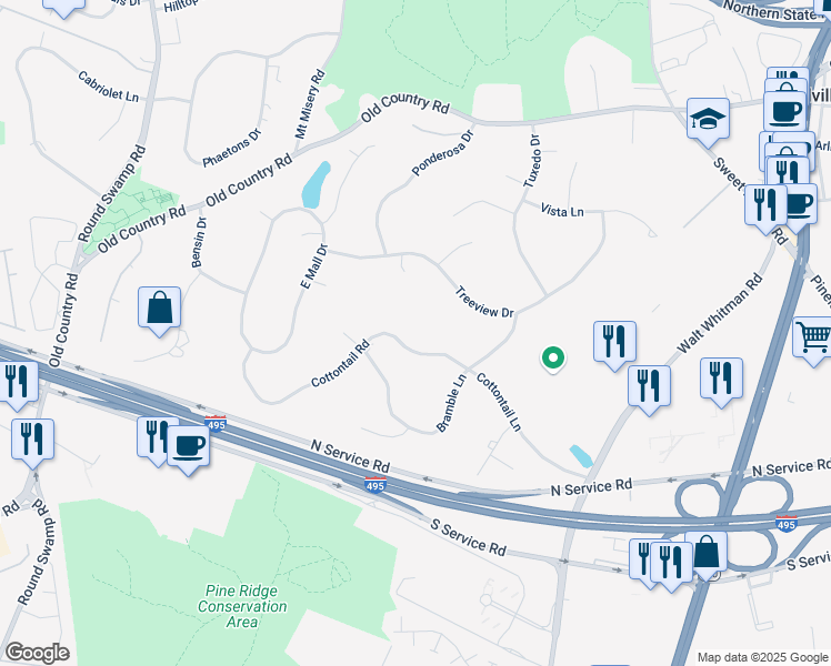 map of restaurants, bars, coffee shops, grocery stores, and more near 9 Cottontail Road in Melville