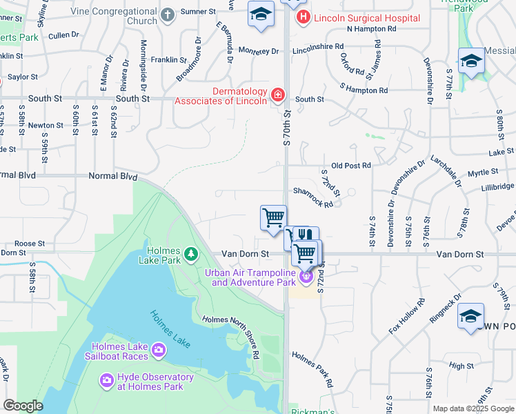 map of restaurants, bars, coffee shops, grocery stores, and more near 2621 South 70th Street in Lincoln