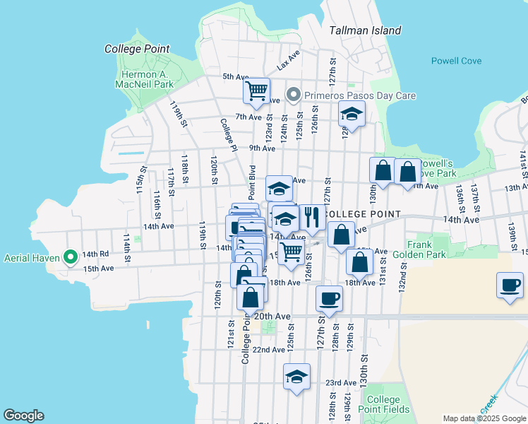 map of restaurants, bars, coffee shops, grocery stores, and more near 13-02 123rd Street in Queens