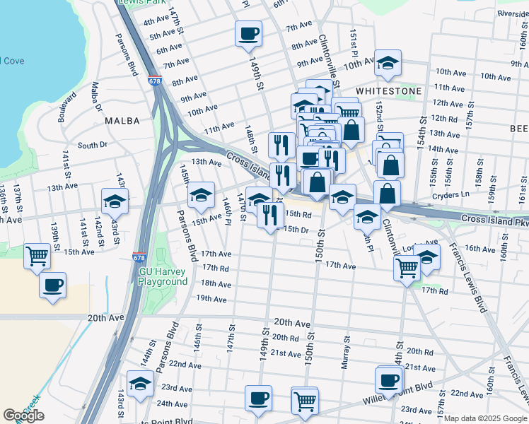 map of restaurants, bars, coffee shops, grocery stores, and more near 15-16 149th Street in Queens