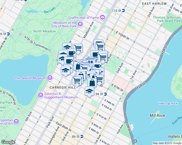 map of restaurants, bars, coffee shops, grocery stores, and more near 135 East 97th Street in New York