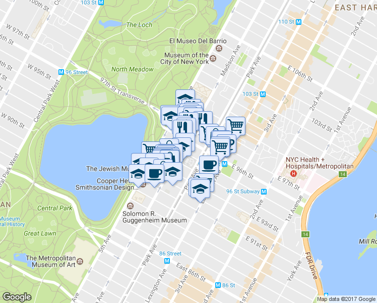 map of restaurants, bars, coffee shops, grocery stores, and more near in New York