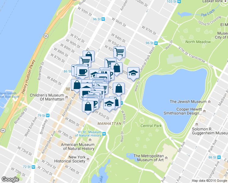 map of restaurants, bars, coffee shops, grocery stores, and more near 50 West 87th Street in New York