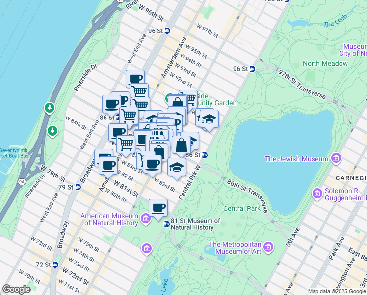 map of restaurants, bars, coffee shops, grocery stores, and more near 50 West 87th Street in New York