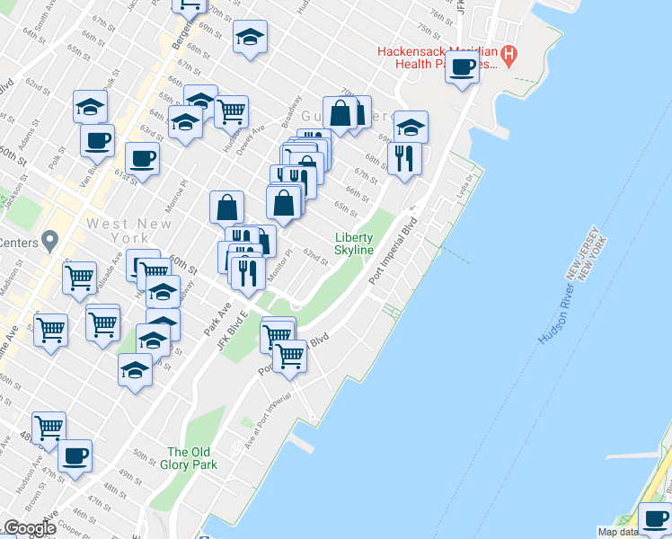 map of restaurants, bars, coffee shops, grocery stores, and more near in West New York