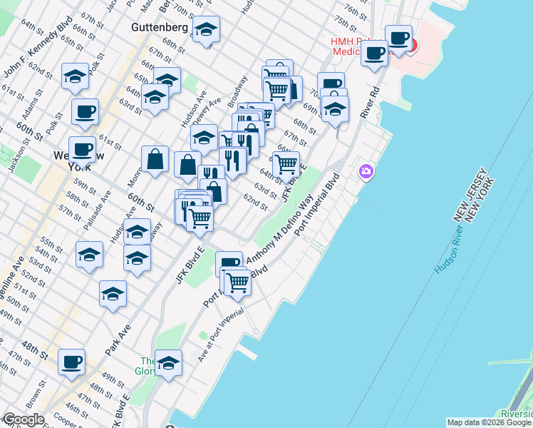 map of restaurants, bars, coffee shops, grocery stores, and more near 6114 Highland Place in West New York
