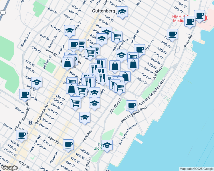 map of restaurants, bars, coffee shops, grocery stores, and more near 207 60th Street in West New York