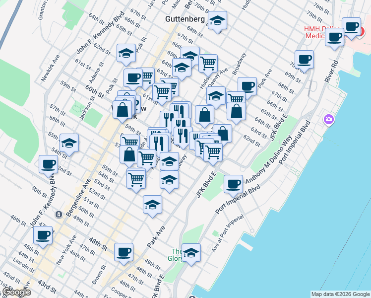 map of restaurants, bars, coffee shops, grocery stores, and more near 207 60th Street in West New York