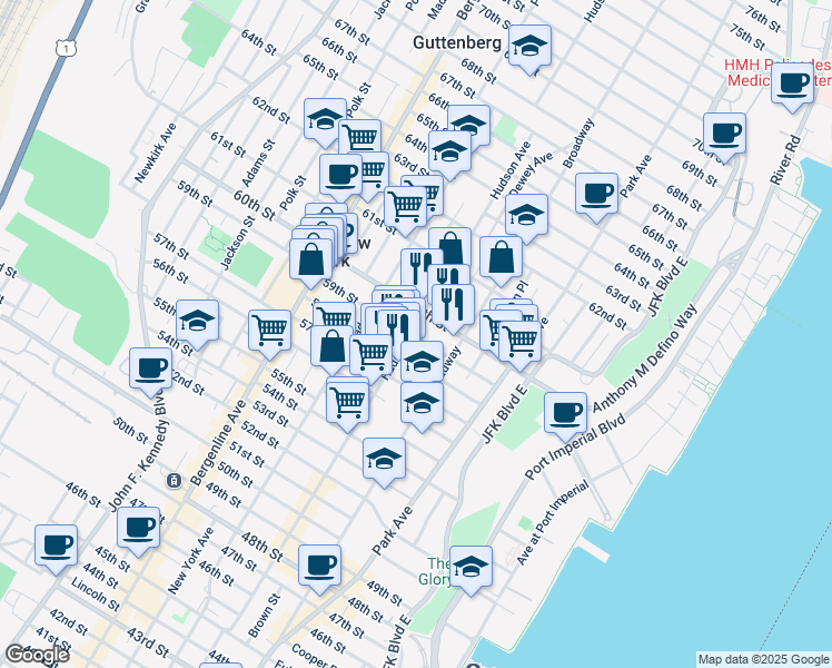 map of restaurants, bars, coffee shops, grocery stores, and more near 5900 Hudson Avenue in West New York