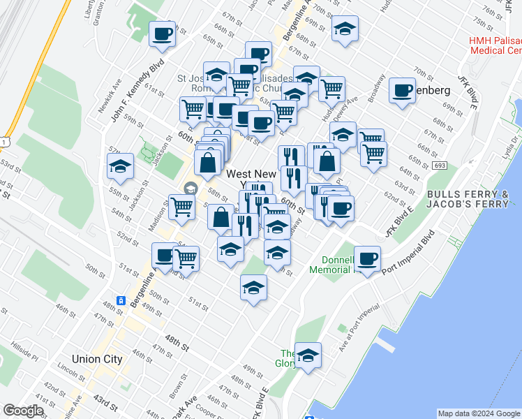 map of restaurants, bars, coffee shops, grocery stores, and more near 5900 Hudson Avenue in West New York