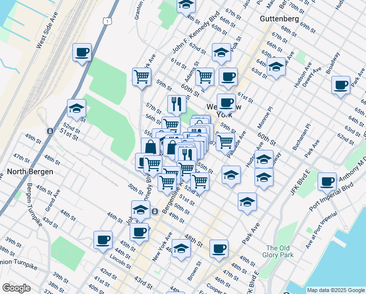 map of restaurants, bars, coffee shops, grocery stores, and more near 556 55th Street in West New York