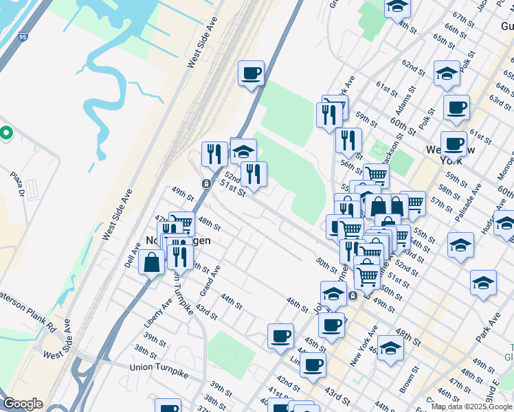 map of restaurants, bars, coffee shops, grocery stores, and more near 1453 51st Street in North Bergen