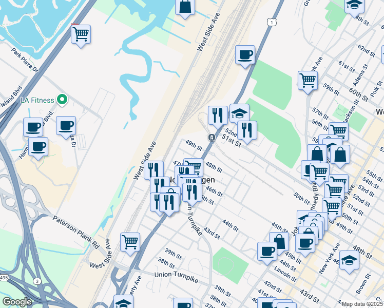 map of restaurants, bars, coffee shops, grocery stores, and more near 4808 Aschoff Place in North Bergen