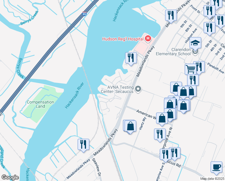 map of restaurants, bars, coffee shops, grocery stores, and more near 450 Dunlin Plaza in Secaucus