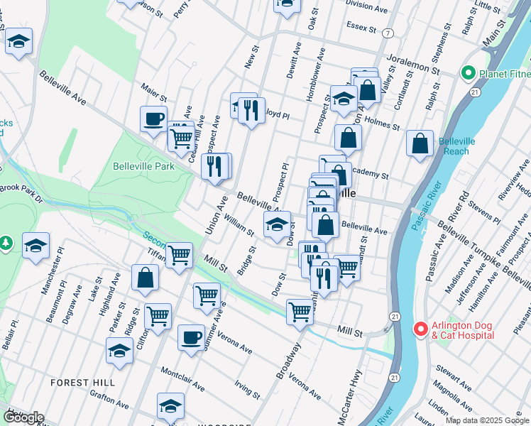 map of restaurants, bars, coffee shops, grocery stores, and more near 173 Belleville Avenue in Belleville