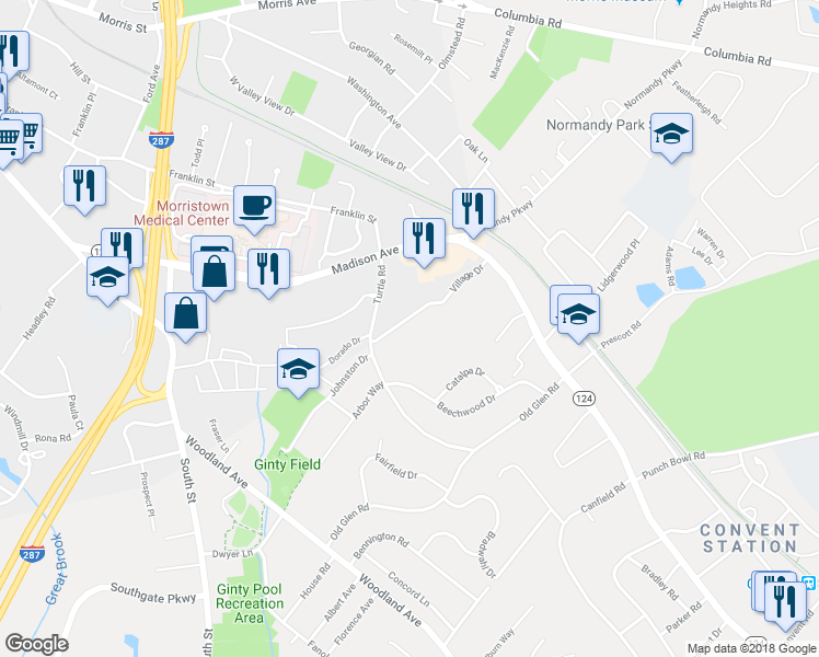 map of restaurants, bars, coffee shops, grocery stores, and more near 50 Village Drive in Morristown