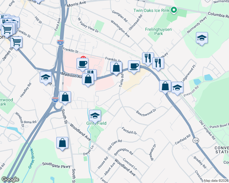 map of restaurants, bars, coffee shops, grocery stores, and more near 10 J Dorado Drive in Morristown