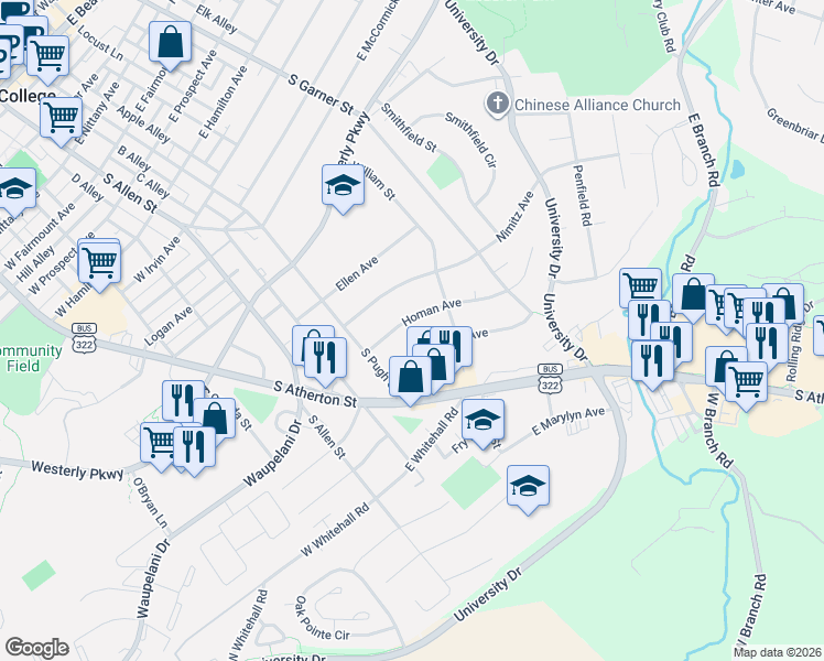 map of restaurants, bars, coffee shops, grocery stores, and more near 244 Homan Avenue in State College