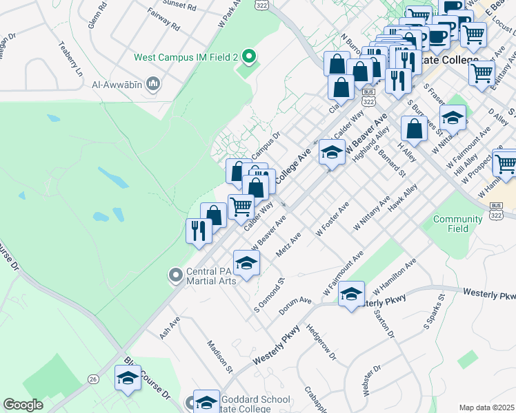 map of restaurants, bars, coffee shops, grocery stores, and more near 906 West College Avenue in State College