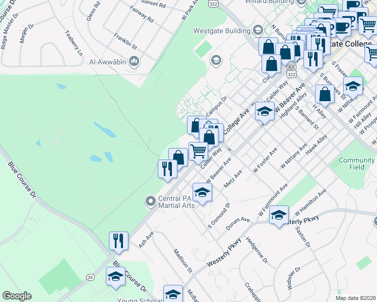 map of restaurants, bars, coffee shops, grocery stores, and more near 1006 Golfview Avenue in State College