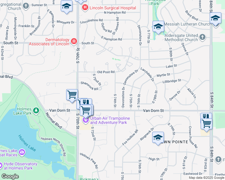 map of restaurants, bars, coffee shops, grocery stores, and more near 2420 South 74th Street in Lincoln