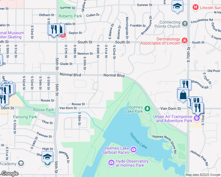 map of restaurants, bars, coffee shops, grocery stores, and more near 6101 Normal Boulevard in Lincoln