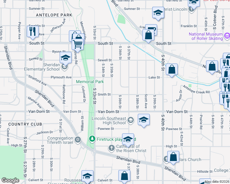 map of restaurants, bars, coffee shops, grocery stores, and more near 2635 South 35th Street in Lincoln