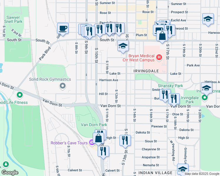 map of restaurants, bars, coffee shops, grocery stores, and more near 2640 South 11th Street in Lincoln