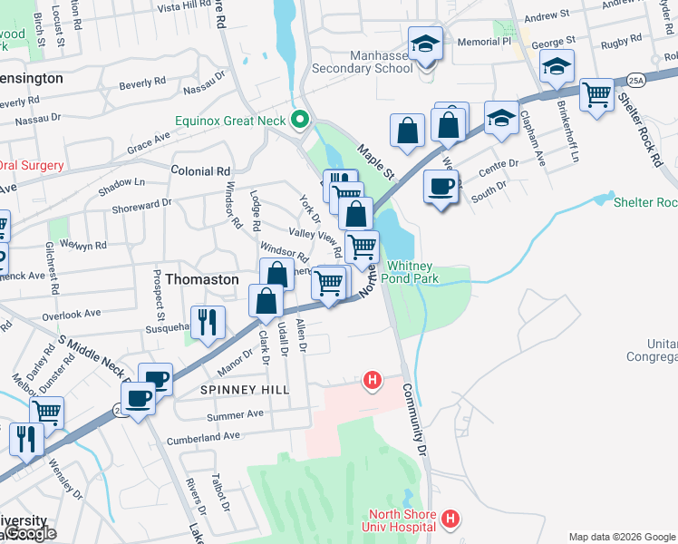 map of restaurants, bars, coffee shops, grocery stores, and more near 11 Valley View Road in Great Neck