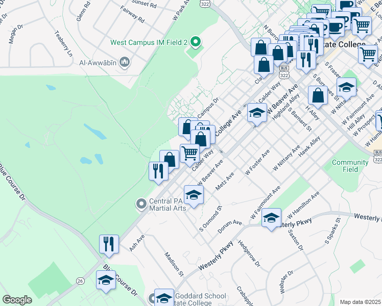 map of restaurants, bars, coffee shops, grocery stores, and more near 112 North Butz Street in State College
