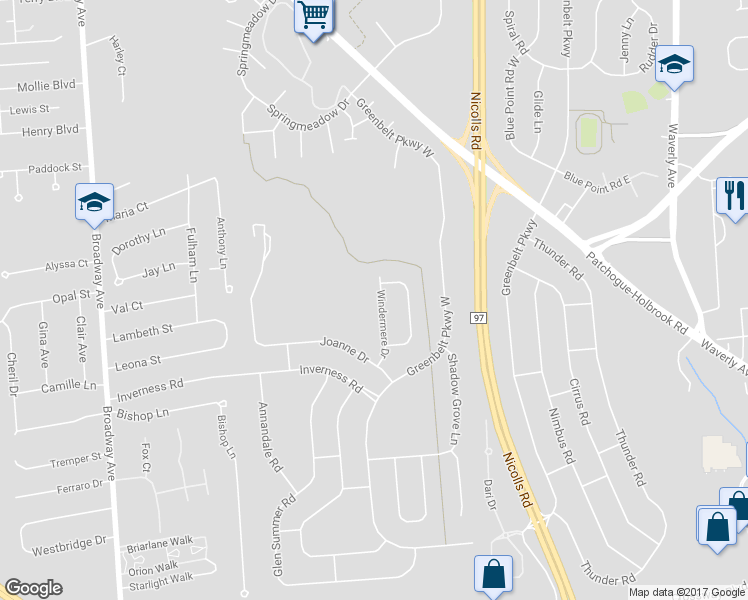 map of restaurants, bars, coffee shops, grocery stores, and more near 42 Windermere Drive in Holbrook