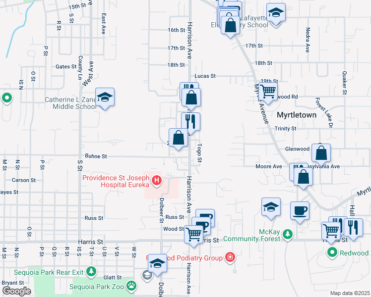 map of restaurants, bars, coffee shops, grocery stores, and more near 2324 Harrison Avenue in Eureka