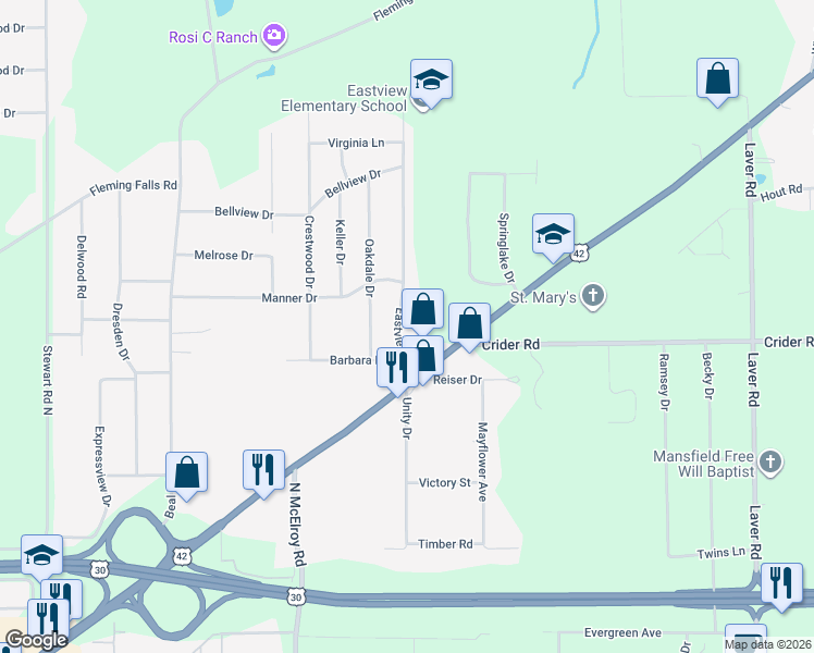 map of restaurants, bars, coffee shops, grocery stores, and more near 1036 Eastview Drive in Mansfield