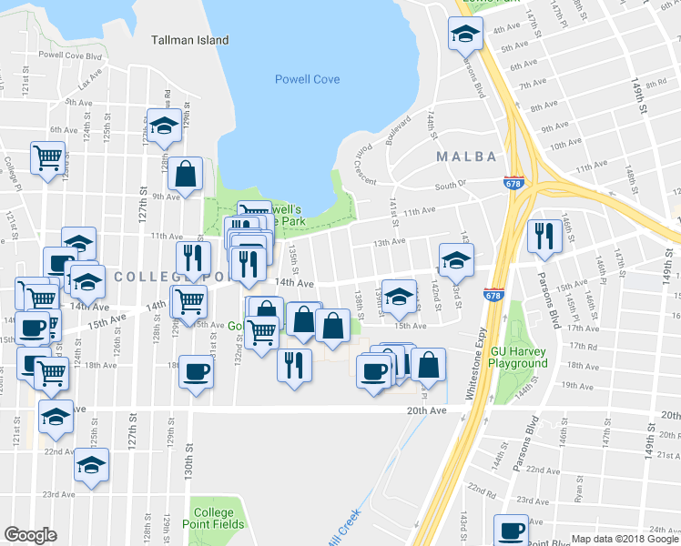 map of restaurants, bars, coffee shops, grocery stores, and more near 13-43 137th Street in Queens