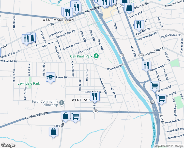 map of restaurants, bars, coffee shops, grocery stores, and more near 817 6th Street Southwest in Massillon